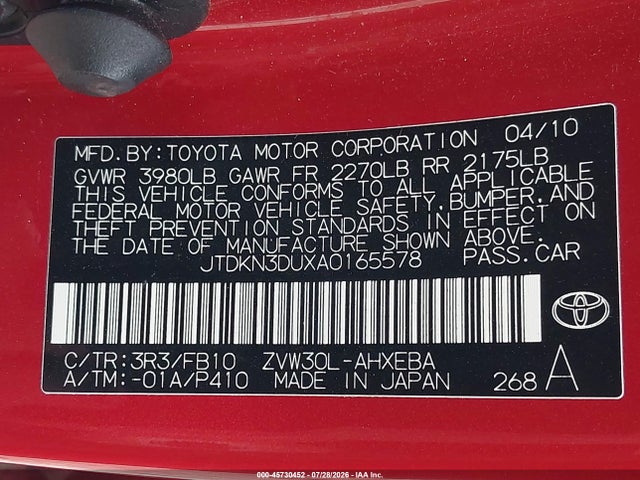 2010 Toyota Prius Iii მანქანა იყიდება აუქციონზე, vin: JTDKN3DUXA0165578, აუქციონის ნომერი: 45730452