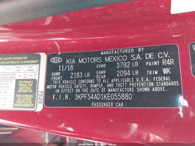 2019 Kia Forte Ex მანქანა იყიდება აუქციონზე, vin: 3KPF54AD1KE055880, აუქციონის ნომერი: 45730459