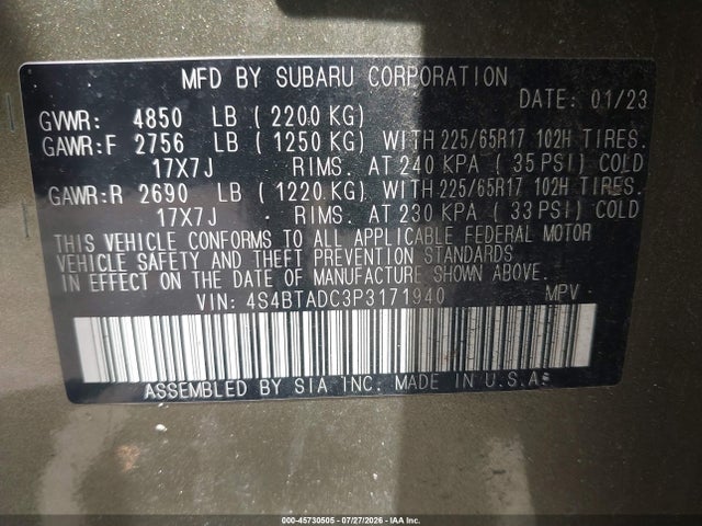 2023 Subaru Outback Premium მანქანა იყიდება აუქციონზე, vin: 4S4BTADC3P3171940, აუქციონის ნომერი: 45730505