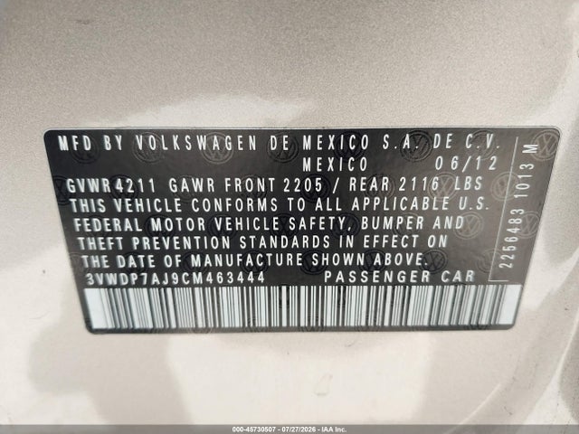 Продажа на аукционе авто 2012 Volkswagen Jetta 2.5l Se, vin: 3VWDP7AJ9CM463444, номер лота: 45730507