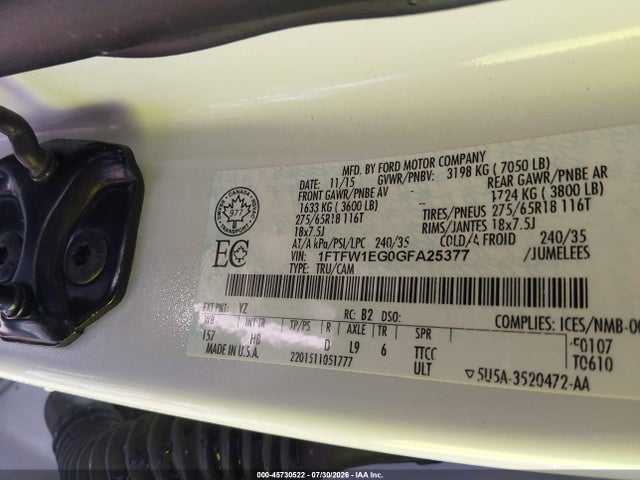 Aukcja sprzedaży 2016 Ford F-150 Lariat, vin: 1FTFW1EG0GFA25377, numer aukcji: 45730522