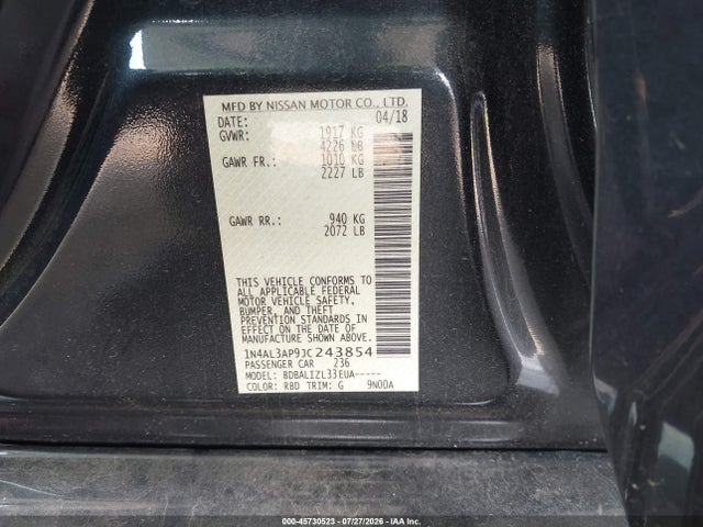 45730523 :رقم المزاد ، 1N4AL3AP9JC243854 vin ، 2018 Nissan Altima 2.5 Sv مزاد بيع