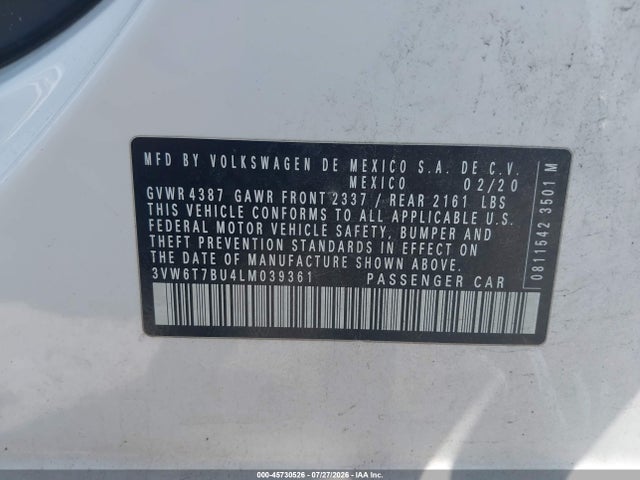 Продаж на аукціоні авто 2020 Volkswagen Jetta Gli 2.0t Autobahn/2.0t S, vin: 3VW6T7BU4LM039361, номер лоту: 45730526