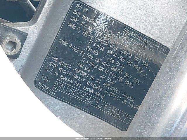 45730547 :رقم المزاد ، SMT600FM21J115927 vin ، 2001 Triumph Motorcycle Sprint St مزاد بيع