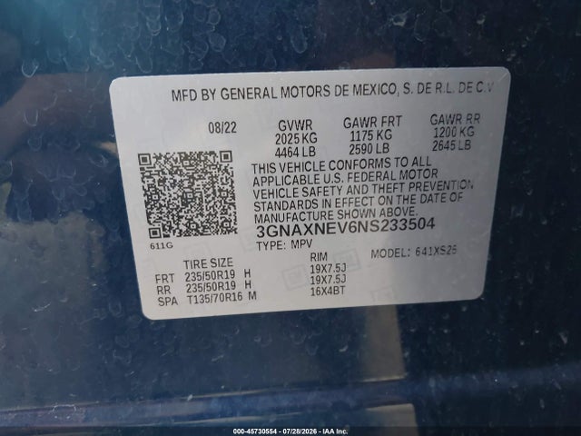 Продаж на аукціоні авто 2022 Chevrolet Equinox Fwd Premier, vin: 3GNAXNEV6NS233504, номер лоту: 45730554