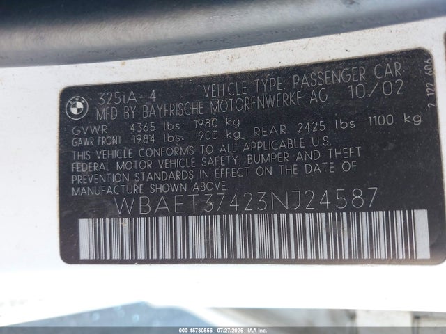 2003 Bmw 325i მანქანა იყიდება აუქციონზე, vin: WBAET37423NJ24587, აუქციონის ნომერი: 45730556