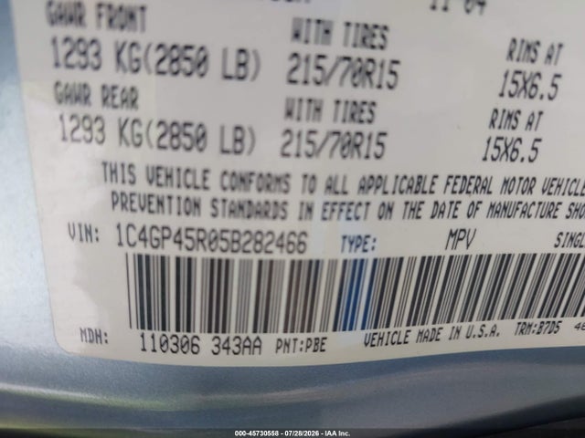 45730558 :رقم المزاد ، 1C4GP45R05B282466 vin ، 2005 Chrysler Town & Country مزاد بيع