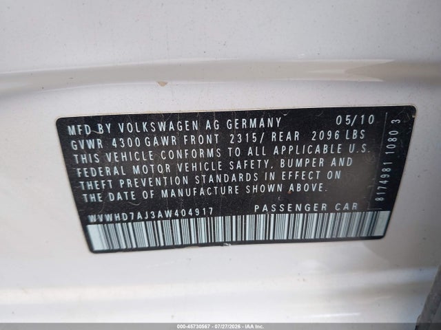 2010 Volkswagen Gti 4-door მანქანა იყიდება აუქციონზე, vin: WVWHD7AJ3AW404917, აუქციონის ნომერი: 45730567