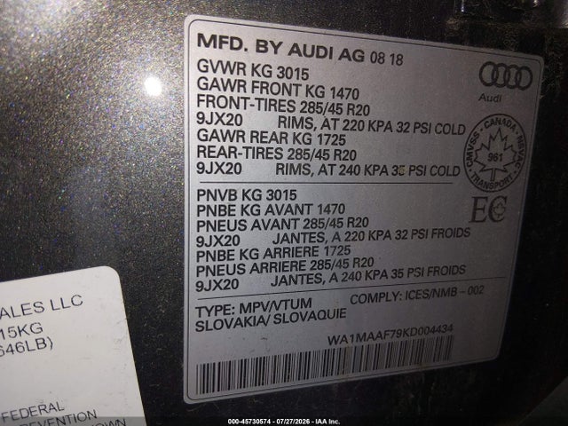 Продажа на аукционе авто 2019 Audi Q7 55 Progressiv, vin: WA1MAAF79KD004434, номер лота: 45730574
