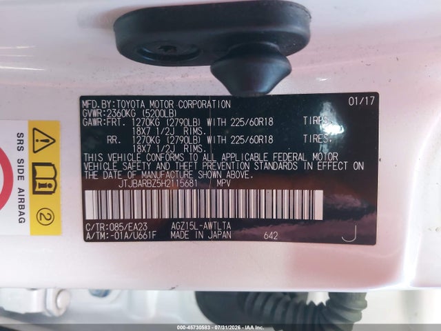 Aukcja sprzedaży 2017 Lexus Nx 200t, vin: JTJBARBZ5H2115681, numer aukcji: 45730583