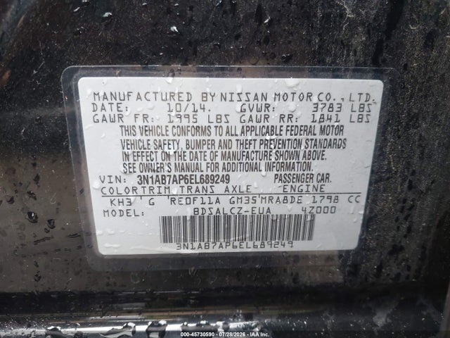 45730590 :رقم المزاد ، 3N1AB7AP6EL689249 vin ، 2014 Nissan Sentra S مزاد بيع