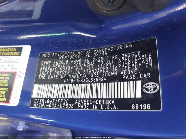 Toyota CAMRY SE 2016 4T1BF1FKXGU588994 Image 9