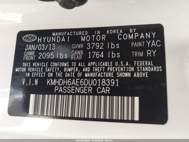 Aukcja sprzedaży 2013 Hyundai Elantra Gs, vin: KMHDH6AE6DU018391, numer aukcji: 45730605