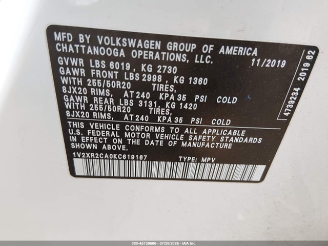 Продаж на аукціоні авто 2019 Volkswagen Atlas Se, vin: 1V2XR2CA0KC619167, номер лоту: 45730606