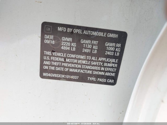Продаж на аукціоні авто 2019 Buick Regal Tourx Awd Essence, vin: W04GV8SX3K1014037, номер лоту: 45730618