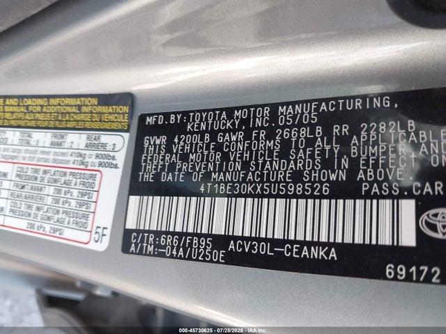 2005 Toyota Camry Le მანქანა იყიდება აუქციონზე, vin: 4T1BE30KX5U598526, აუქციონის ნომერი: 45730625