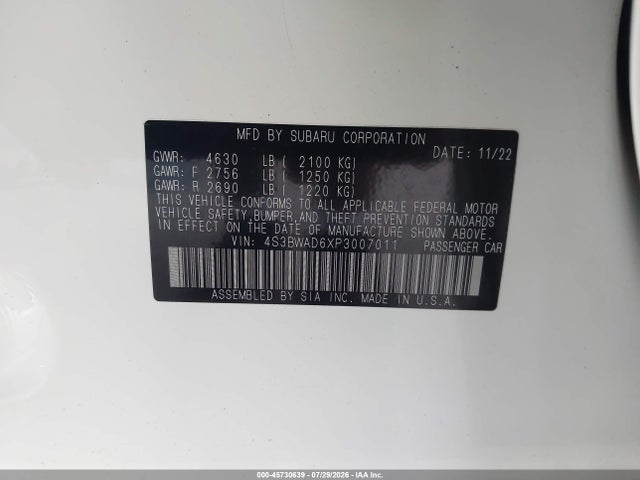 Продаж на аукціоні авто 2023 Subaru Legacy Premium, vin: 4S3BWAD6XP3007011, номер лоту: 45730639