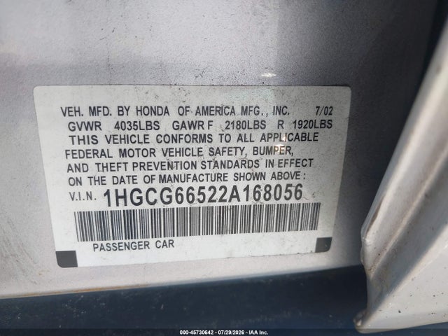 45730642 :رقم المزاد ، 1HGCG66522A168056 vin ، 2002 Honda Accord 2.3 Lx مزاد بيع