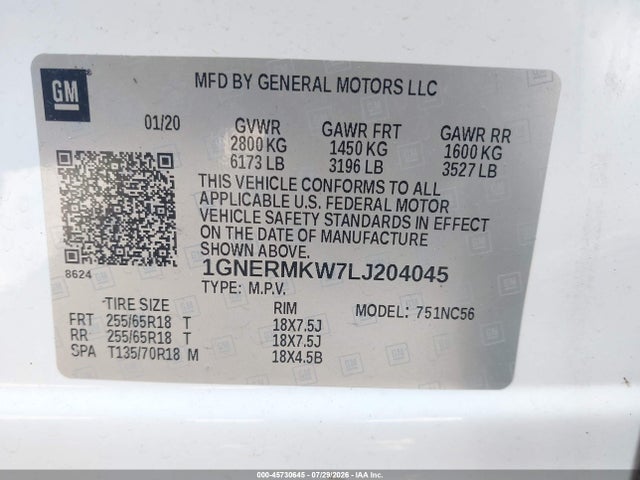 45730645 :رقم المزاد ، 1GNERMKW7LJ204045 vin ، 2020 Chevrolet Traverse Fwd 2fl مزاد بيع