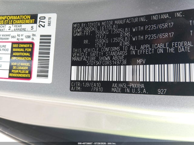 Продажа на аукционе авто 2024 Toyota Sienna Xle, vin: 5TDYSKFC0RS149738, номер лота: 45730657