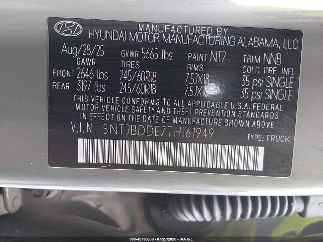 Продаж на аукціоні авто 2026 Hyundai Santa Cruz Sel, vin: 5NTJBDDE7TH161949, номер лоту: 45730659