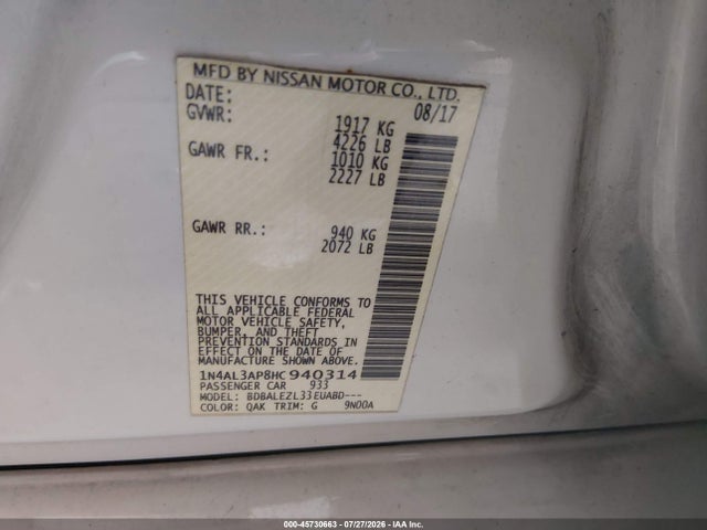 45730663 :رقم المزاد ، 1N4AL3AP8HC940314 vin ، 2017 Nissan Altima 2.5 S مزاد بيع