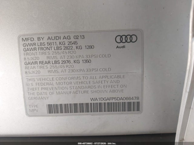 Aukcja sprzedaży 2013 Audi Q5 3.0t Premium Plus, vin: WA1DGAFP5DA066478, numer aukcji: 45730682