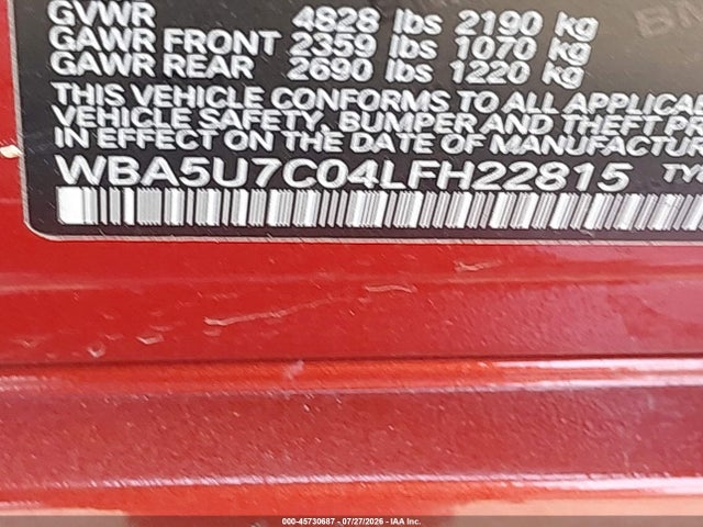 45730687 :رقم المزاد ، WBA5U7C04LFH22815 vin ، 2020 Bmw M340i مزاد بيع