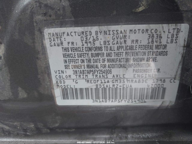 Aukcja sprzedaży 2015 Nissan Sentra Sr, vin: 3N1AB7AP5FY254906, numer aukcji: 45730692