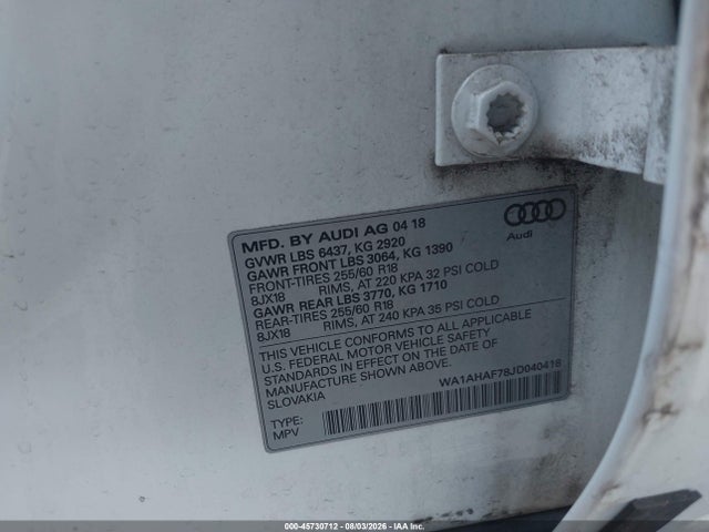 45730712 :رقم المزاد ، WA1AHAF78JD040418 vin ، 2018 Audi Q7 2.0t Premium مزاد بيع