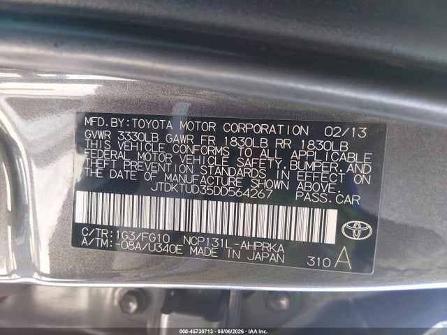 2013 Toyota Yaris L მანქანა იყიდება აუქციონზე, vin: JTDKTUD35DD564267, აუქციონის ნომერი: 45730713