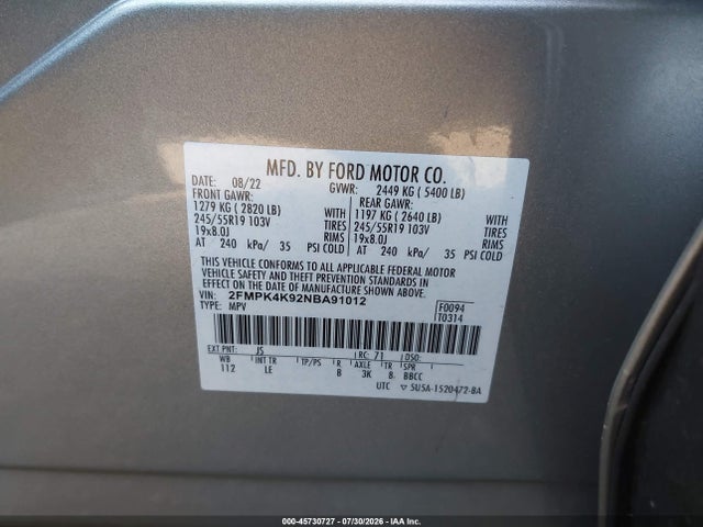 Aukcja sprzedaży 2022 Ford Edge Titanium, vin: 2FMPK4K92NBA91012, numer aukcji: 45730727