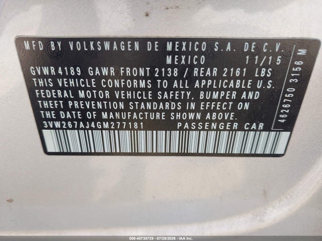 2016 Volkswagen Jetta 1.4t S მანქანა იყიდება აუქციონზე, vin: 3VW267AJ4GM277181, აუქციონის ნომერი: 45730729