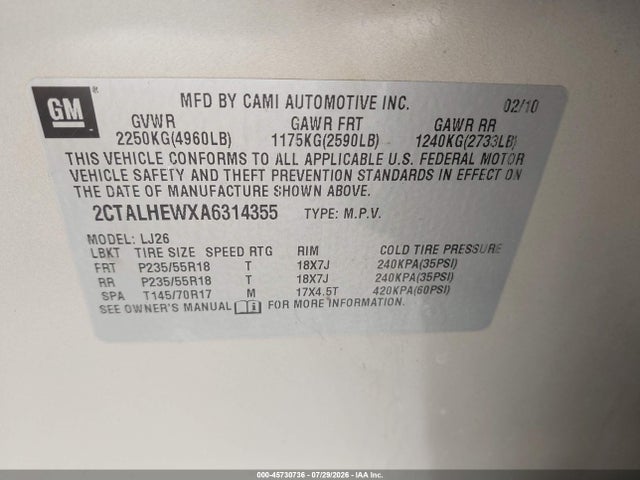 Aukcja sprzedaży 2010 Gmc Terrain Slt-2, vin: 2CTALHEWXA6314355, numer aukcji: 45730736