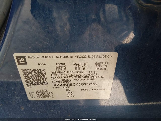Aukcja sprzedaży 2018 Chevrolet Silverado 1500 2lt, vin: 3GCUKRECXJG352132, numer aukcji: 45730747
