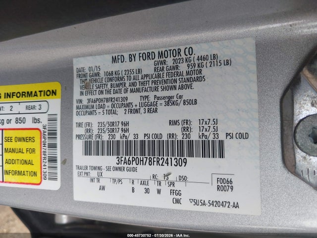 Ford FUSION SE 2015 3FA6P0H78FR241309 Image 9