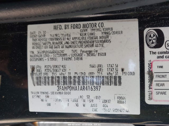 Aukcja sprzedaży 2010 Ford Fusion Se, vin: 3FAHP0HA1AR416397, numer aukcji: 45730761