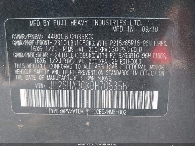 Продаж на аукціоні авто 2011 Subaru Forester 2.5x, vin: JF2SHABCXBH708356, номер лоту: 45730771