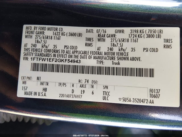 2016 Ford F-150 Lariat მანქანა იყიდება აუქციონზე, vin: 1FTFW1EF2GKF54943, აუქციონის ნომერი: 45730772