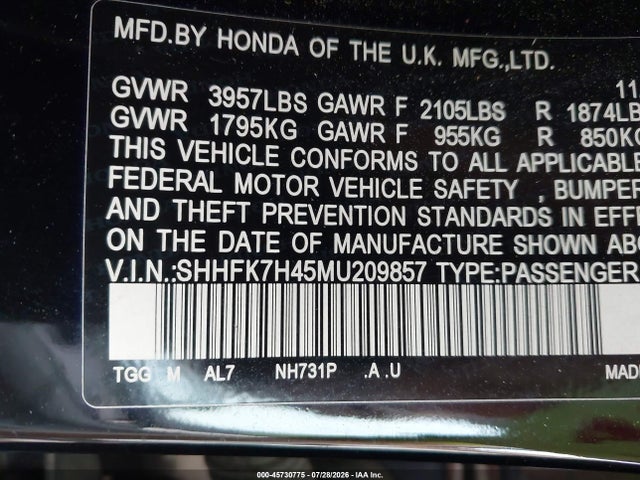 Aukcja sprzedaży 2021 Honda Civic Sport, vin: SHHFK7H45MU209857, numer aukcji: 45730775