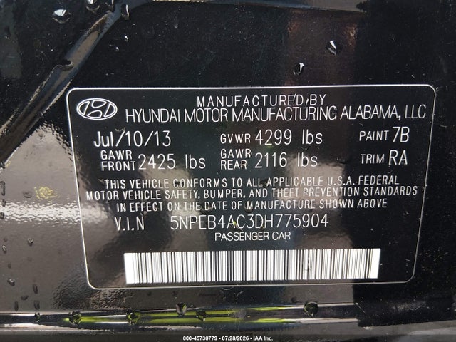 Aukcja sprzedaży 2013 Hyundai Sonata Gls, vin: 5NPEB4AC3DH775904, numer aukcji: 45730779