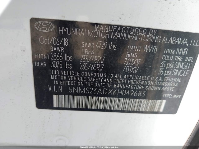 Продажа на аукционе авто 2019 Hyundai Santa Fe Se, vin: 5NMS23ADXKH049683, номер лота: 45730793