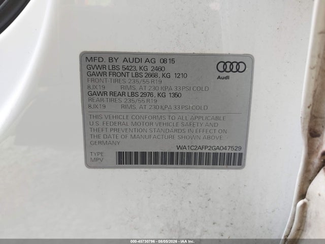 Auction sale of the 2016 Audi Q5 2.0t Premium, vin: WA1C2AFP2GA047529, lot number: 45730796