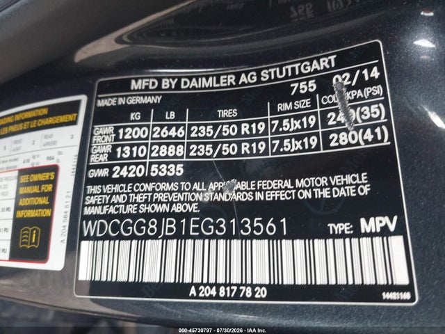 45730797 :رقم المزاد ، WDCGG8JB1EG313561 vin ، 2014 Mercedes-benz Glk 350 4matic مزاد بيع