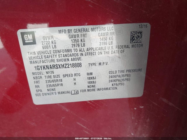 45730801 :رقم المزاد ، 1GYKNARSXHZ218808 vin ، 2017 Cadillac Xt5 Standard مزاد بيع