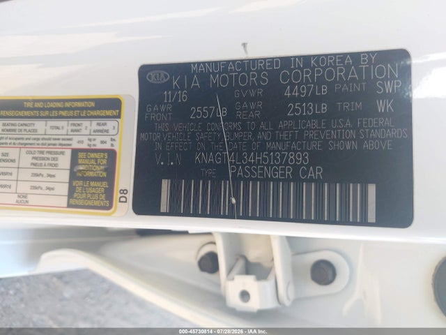 45730814 :رقم المزاد ، KNAGT4L34H5137893 vin ، 2017 Kia Optima Lx مزاد بيع