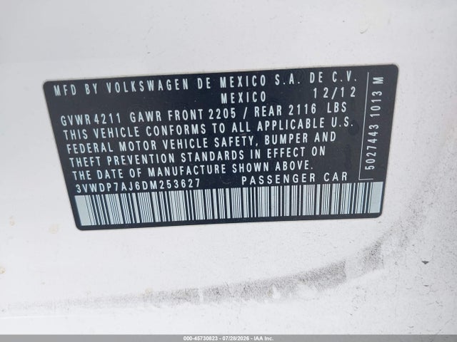 Продажа на аукционе авто 2013 Volkswagen Jetta 2.5l Se, vin: 3VWDP7AJ6DM253627, номер лота: 45730823