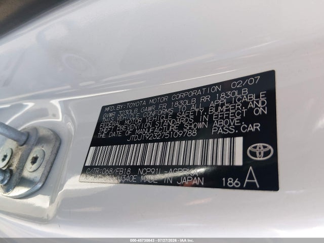 Aukcja sprzedaży 2007 Toyota Yaris, vin: JTDJT923275109788, numer aukcji: 45730843