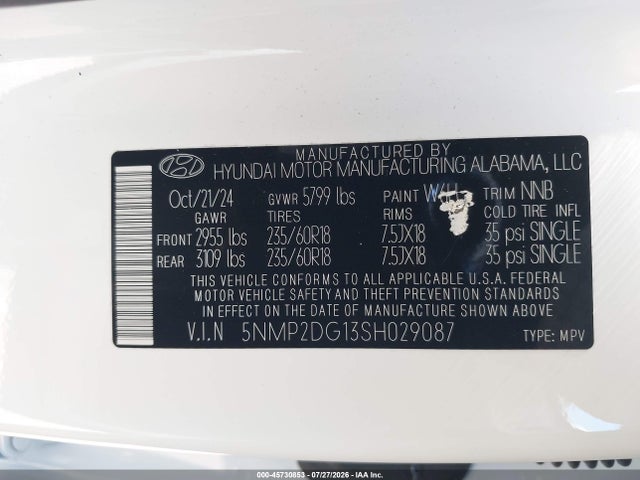 5NMP2DG13SH029087 Hyundai Santa Fe Hybrid Sel