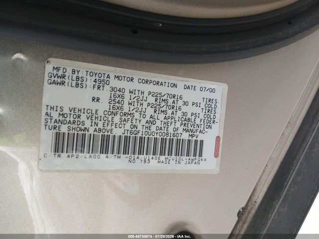 Auction sale of the 2000 Lexus Rx 300, vin: JT6GF10U0Y0081607, lot number: 45730874